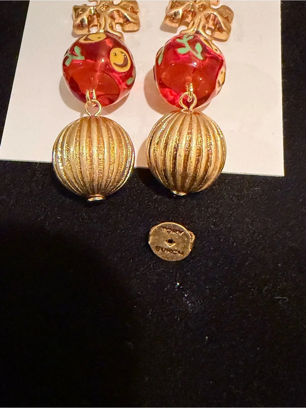 Tory Burch Gold and Red Floral Glass Drop Earrings